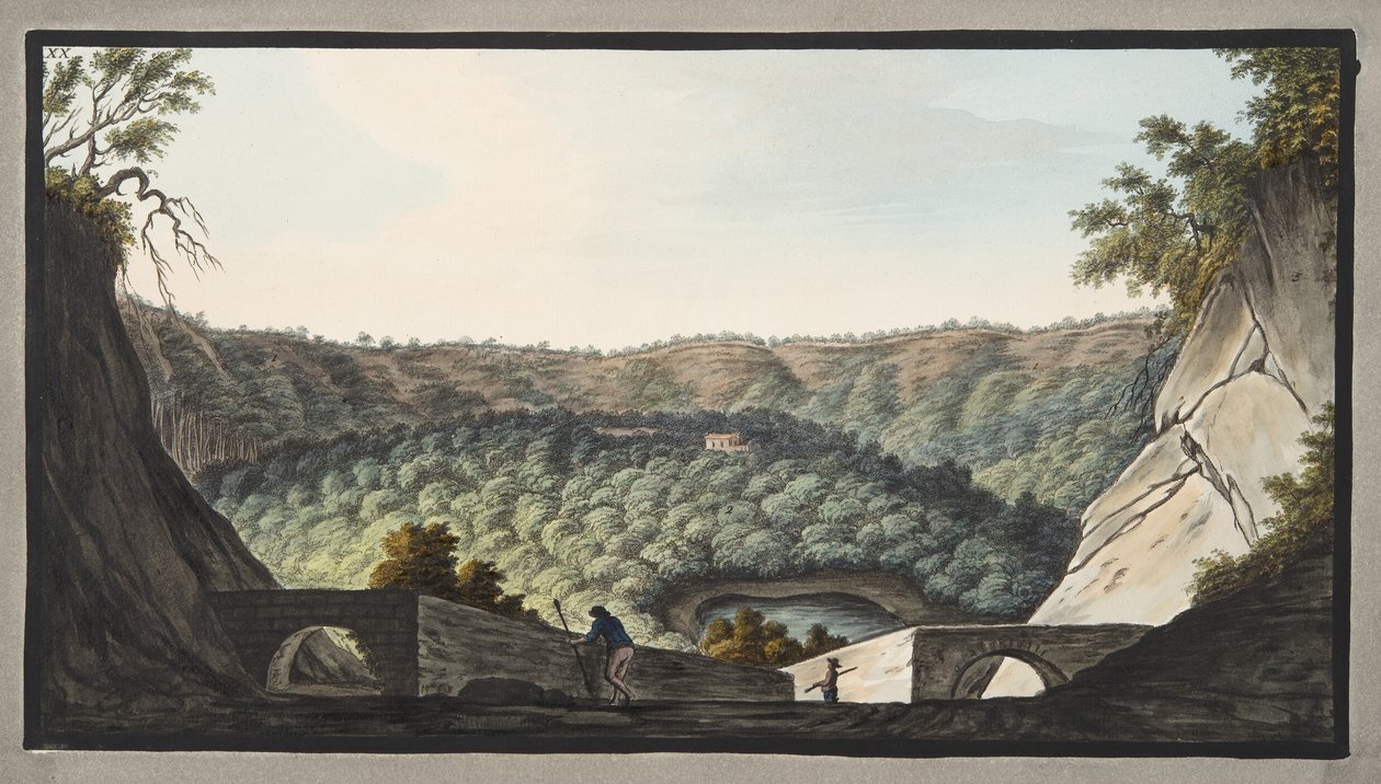 Näkymä Astrunin kraatteriin otettuna levyn XIX paikasta; Levy XX, Sir William Hamiltonin (1730-1803) teoksesta "Campi Phlegraei: Observations on the Volcanoes of the Two Sicilies" tekijältä Pietro Fabris