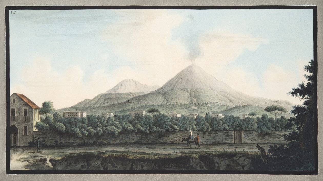 Näkymä Vesuvius-vuorelle meren rannalta, Sir William Hamiltonin (1730-1803) julkaisusta Campi Flegrei: Havaintoja kahden Sisilian tulivuorilta, julkaistu 1776 (käsinvärinen kaiverrus) tekijältä Pietro Fabris