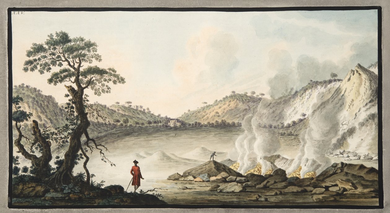 Näkymä Solfaterrasta, levy XXV, Sir William Hamiltonin (1730-1803) julkaisusta Campi Phlegraei: Havaintoja kahden Sisilian tulivuorista, julkaistu 1776 (käsinvärinen kaiverrus) tekijältä Pietro Fabris