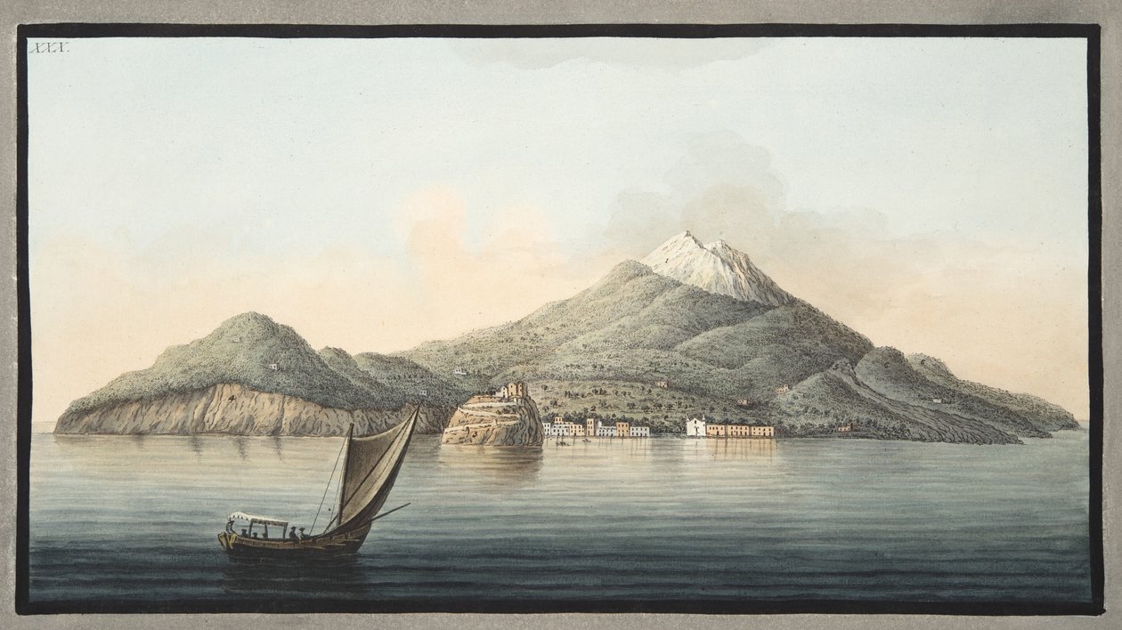 Näkymä Ischian saarelle mereltä, laatta XXX, Campi Phlegraei -kuvasta: Observations on the Volcanoes of the Two Sicilies", Sir William Hamilton (1730-1803), julkaistu 1776 (käsinväritetty kuvitus). tekijältä Pietro Fabris