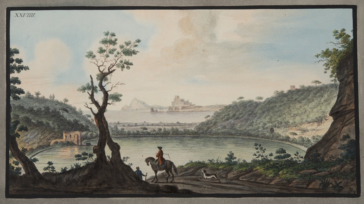 Näkymä Avernus-järvelle Puzzolin ja Cuman väliseltä tieltä, levy XXIX, Sir William Hamiltonin (1730-1803) julkaisusta Campi Phlegraei: Havaintoja kahden Sisilian tulivuorista. tekijältä Pietro Fabris