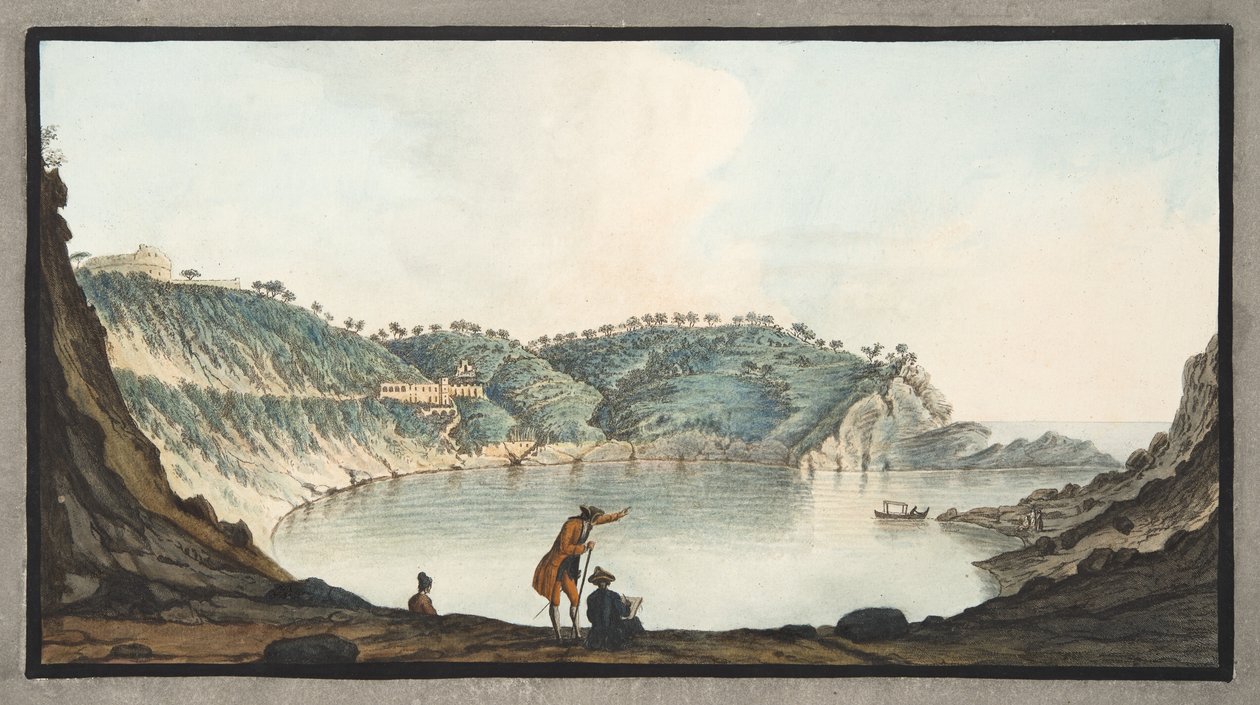 Näkymä Porto Pavonelle Nisidan saarella, levy XXII julkaisusta "Campi Flegrei: Observations on the Volcanoes of the Two Sicilies", Sir William Hamilton (1730-1803), julkaistu 1776 (käsin väri) tekijältä Pietro Fabris