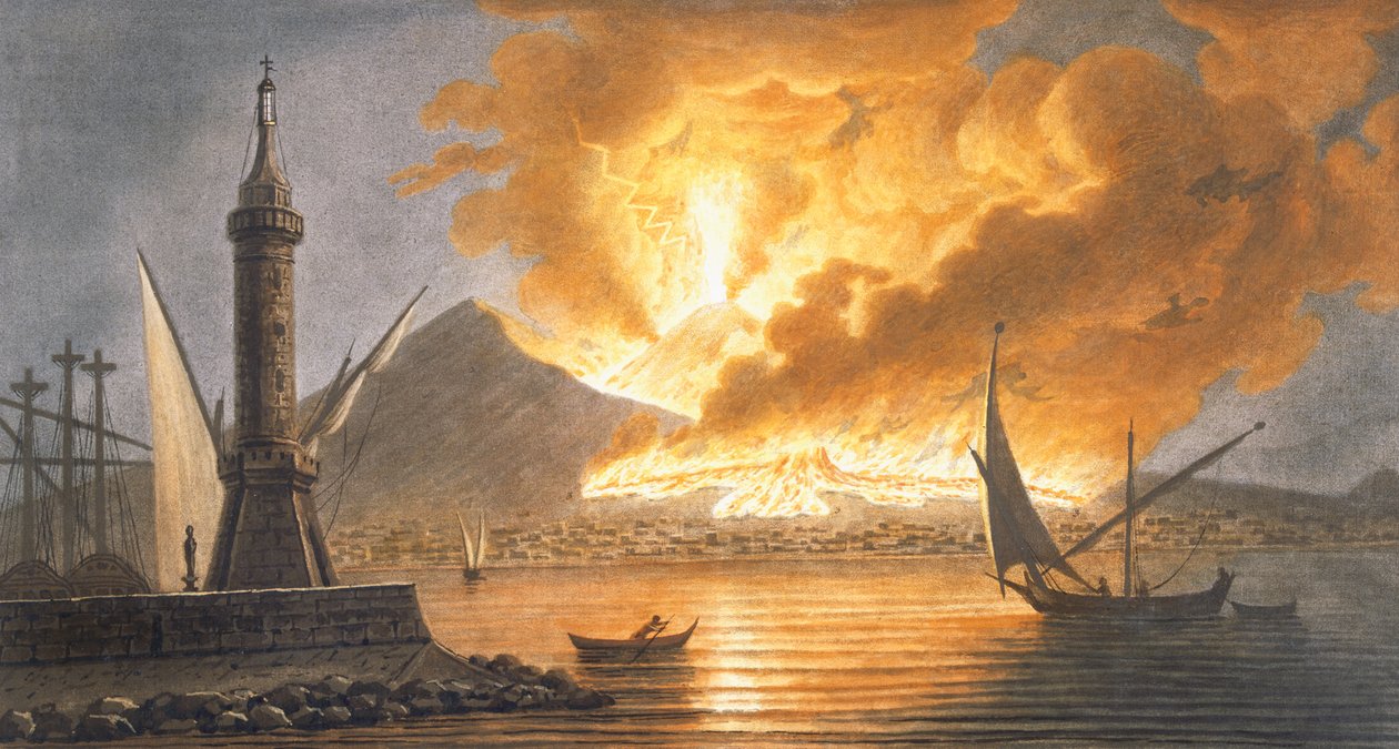 Näkymä Vesuviuksen suuresta purkauksesta Napolin moolista yöllä 20. lokakuuta 1767, levy 6 Sir William Hamiltonin teoksesta "Campi Flegrei: Havaintoja kahden Sisilian tulivuorista" tekijältä Pietro Fabris