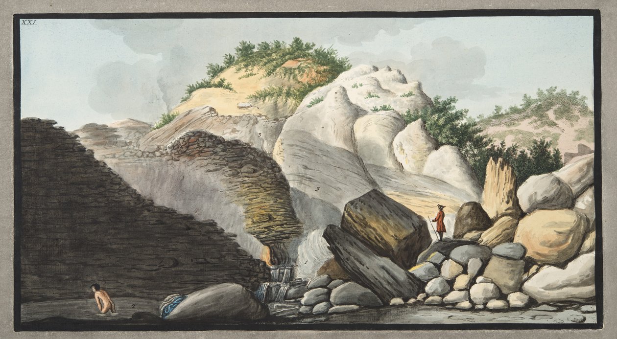 Näkymä kuumalle lähteelle, Pisciarelli, osasta Solfaterran kartioa, levy XXI julkaisusta "Campi Phlegraei: Observations on the Volcanoes of the Two Sicilies", kirjoittanut Sir William Hamilton (1730-1803) tekijältä Pietro Fabris