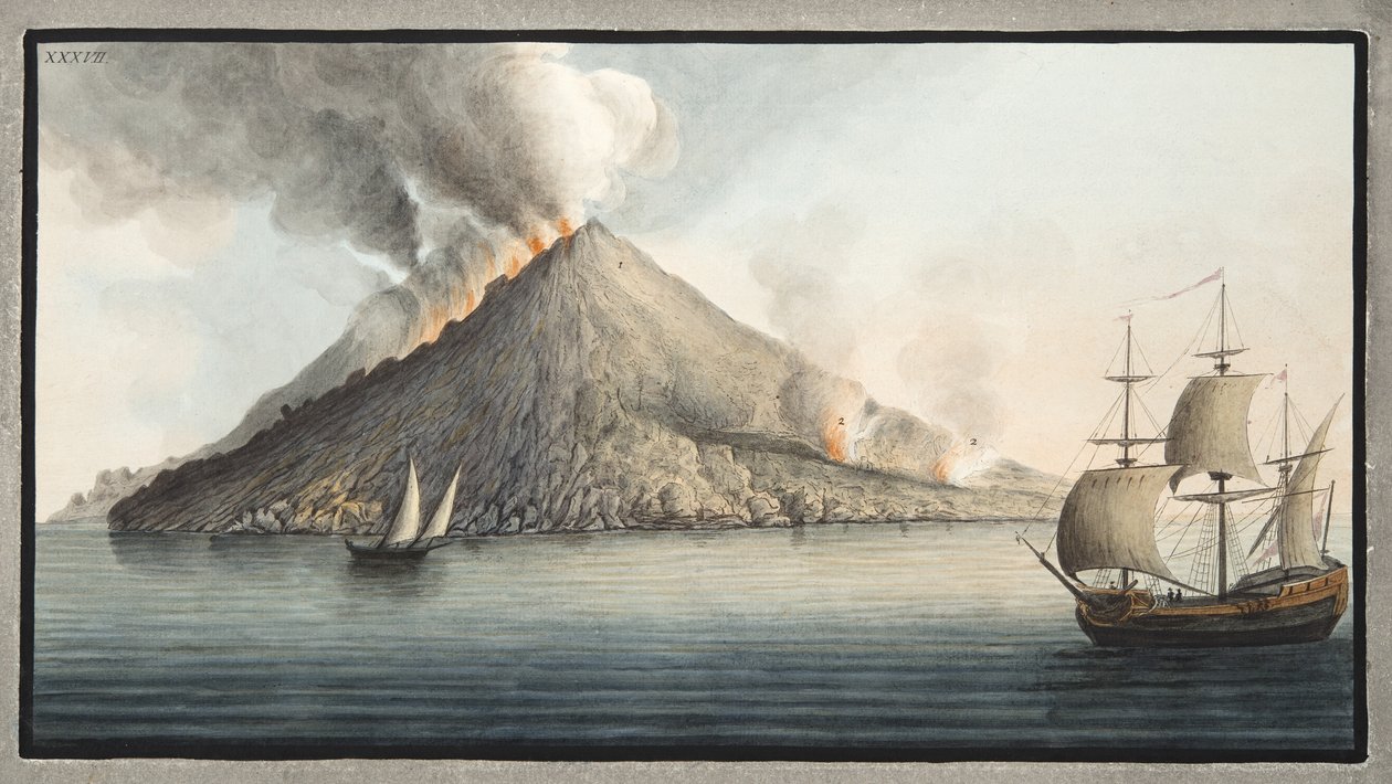 Monsieur Fabrisin ottama näkymä Strombolin saarelle, levy XXXVII, Sir William Hamiltonin (1730-1803) teoksesta "Campi Phlegraei: Observations on the Volcanoes of the Two Sicilies", julkaistu 1776 ( tekijältä Pietro Fabris