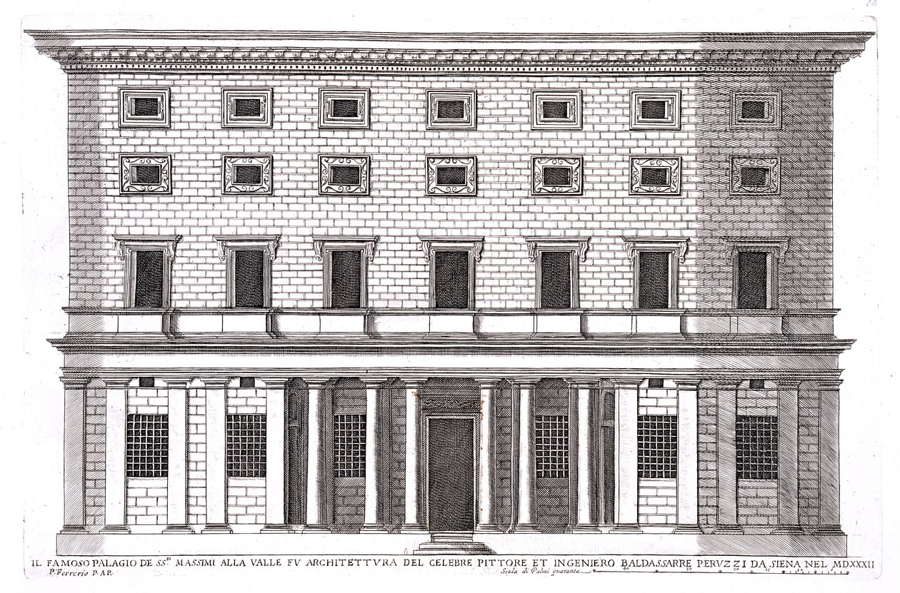 Näkymä Rooman Palazzo Massimi alla Vallen julkisivusta, jonka suunnitteli Baldassarre Peruzzi (1481-1536) vuonna 1532 tekijältä Pietro Ferrerio