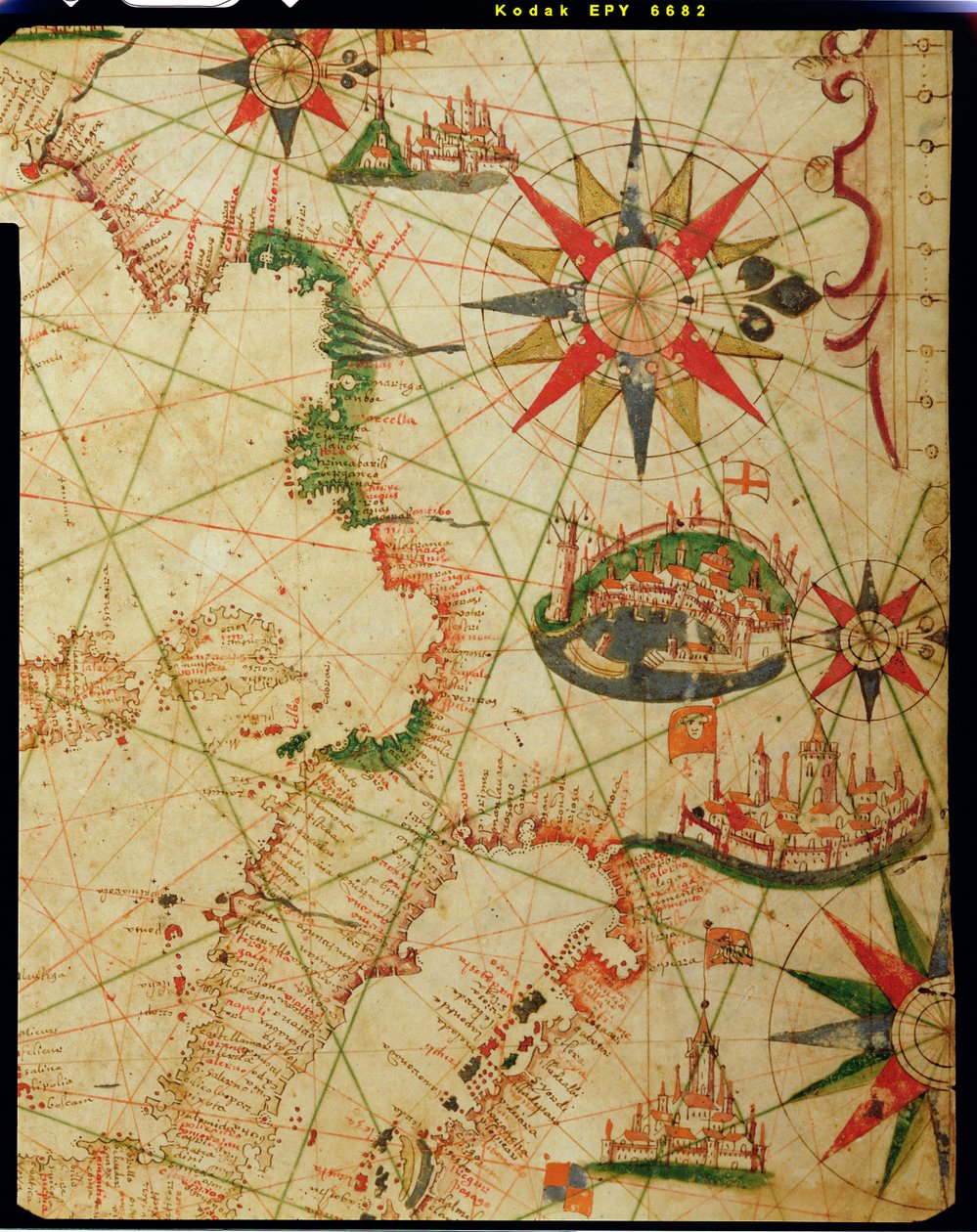 Ranskan, Italian ja Dalmatian etelärannikko, merenkulkukartasta, 1651 (muste vellum) (yksityiskohta numerosta 330924) tekijältä Pietro Giovanni Prunes