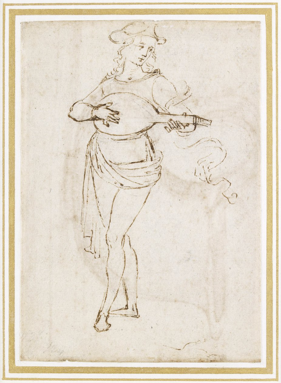 Luuttisoitin (kynä ja tummanruskea muste mustalla liidulla luonnonvalkoiselle paperille) tekijältä Pietro Perugino