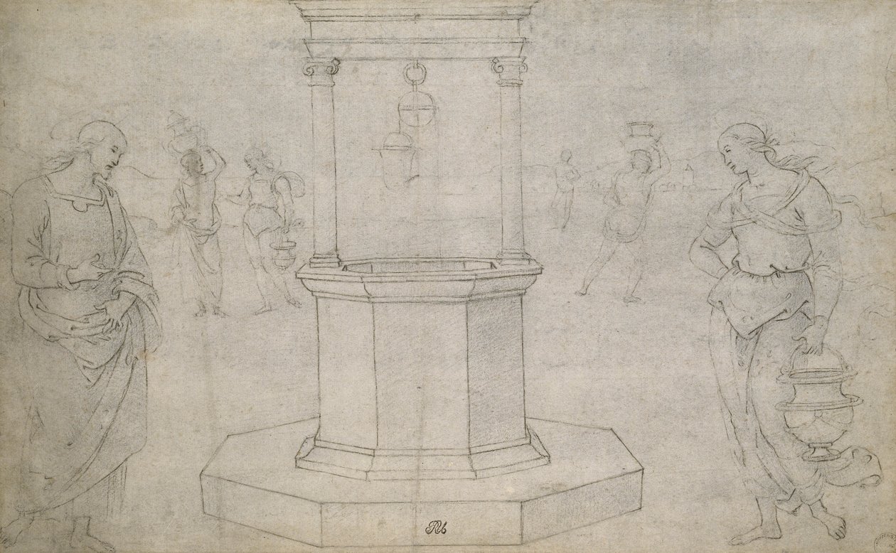 Kristus ja Samarialainen nainen (musta liitu luonnonvalkoiselle paperille) tekijältä Pietro Perugino