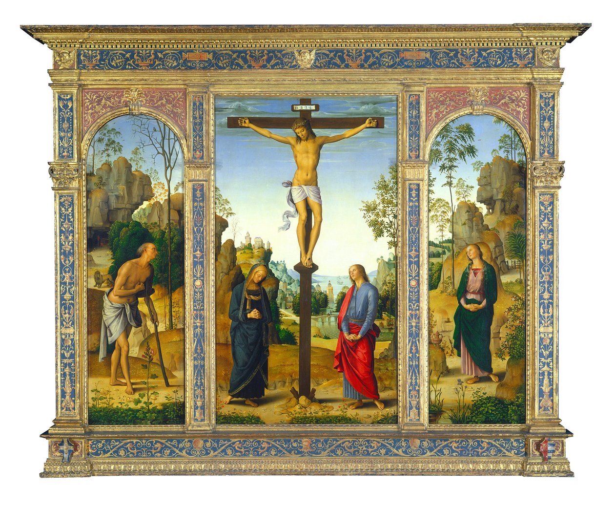 Ristiinnaulitseminen Marian ja Pyhän Johanneksen evankelistan sekä Pyhän Marian Magdaleenan kanssa (oikealla) tekijältä Pietro Perugino