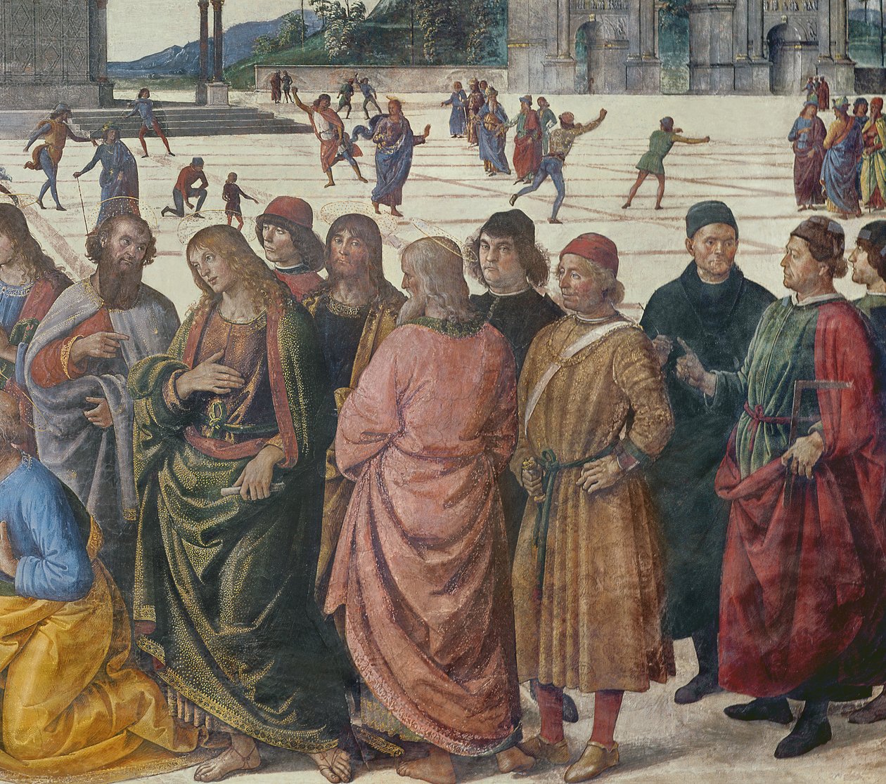 Yksityiskohta Pyhästä Pietarista vastaanottamassa avaimet, Sikstuksen kappeli, 1481 tekijältä Pietro Perugino