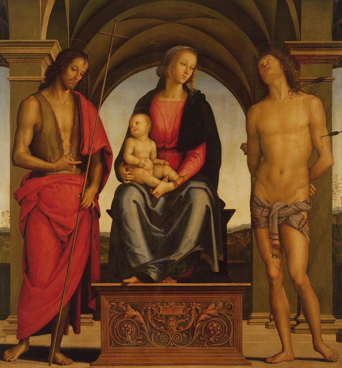 Madonna ja lapsi nousi valtaistuimelle Pyhän Johannes Kastajan ja Pyhän Sebastianin välillä, 1493 tekijältä Pietro Perugino