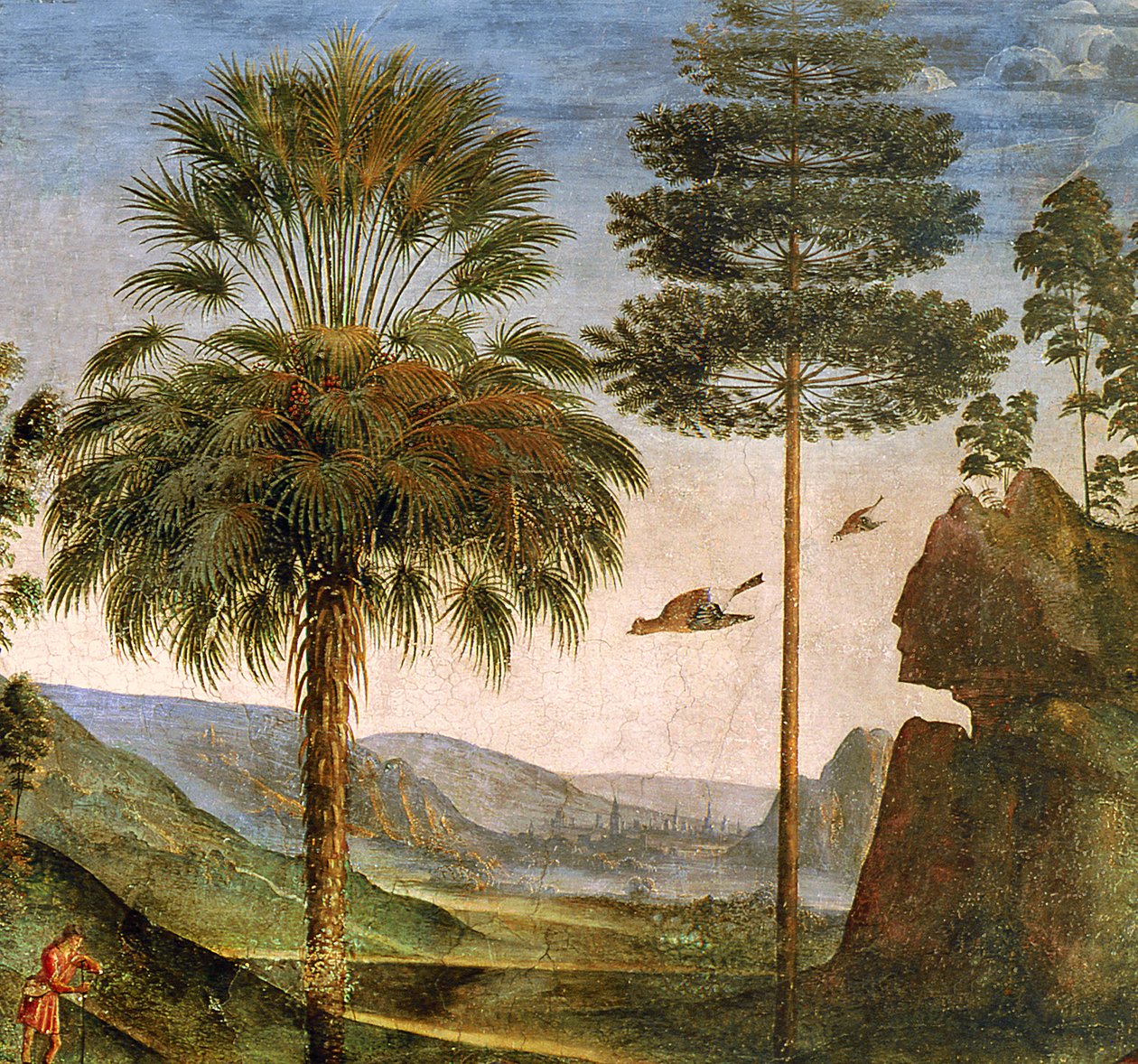 Mies nojaa sauvaan, lentävät linnut, puut, kivet, järvi ja kaukainen kaupunki tornioineen, yksityiskohta "Mooseksen matkasta", n. 1481-3 (yksityiskohta 218710) tekijältä Pietro Perugino