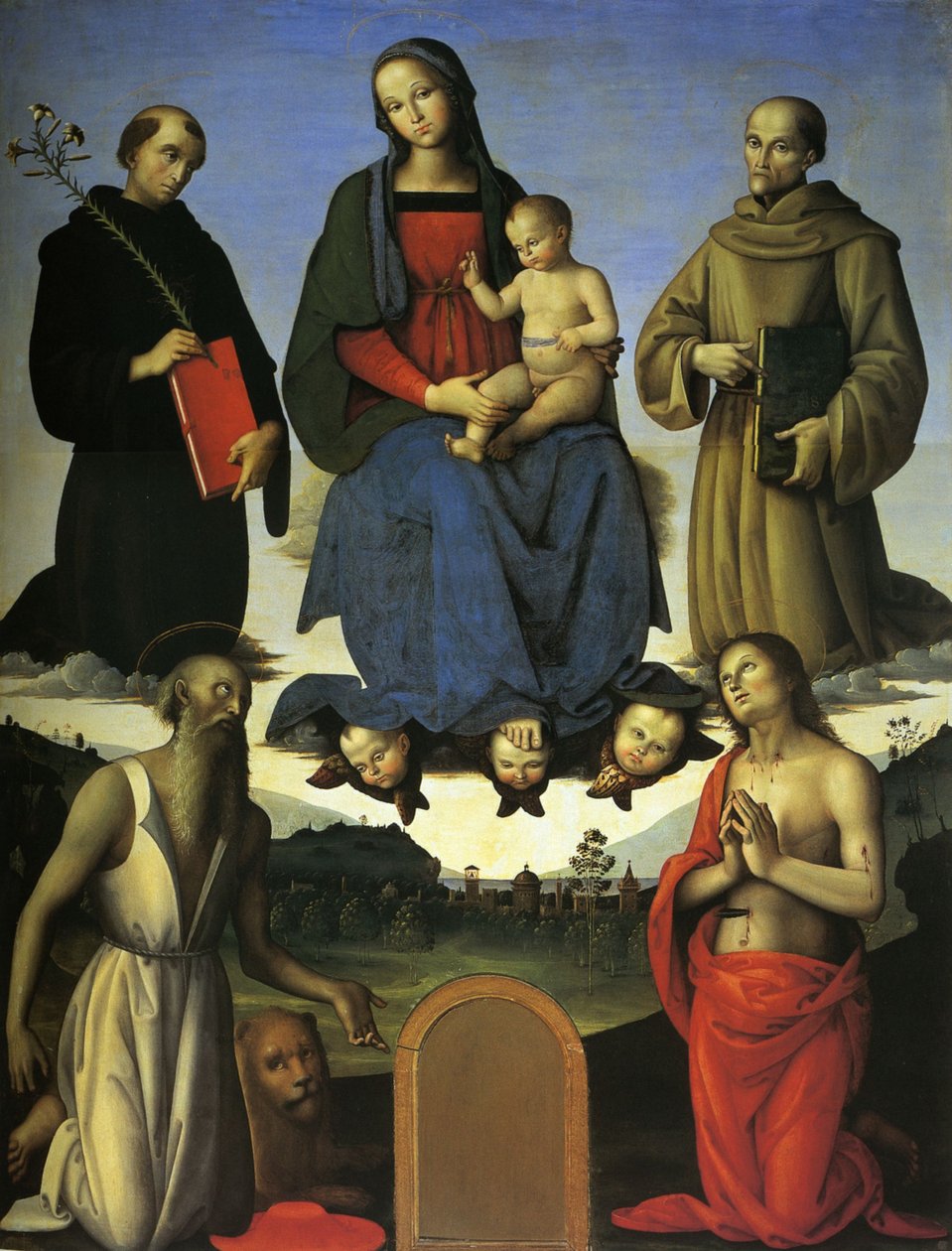 Pala Tezi (Vergine col Bambino, San Nicola da Tolentino ja San Bernardino da Siena) tekijältä Pietro Perugino