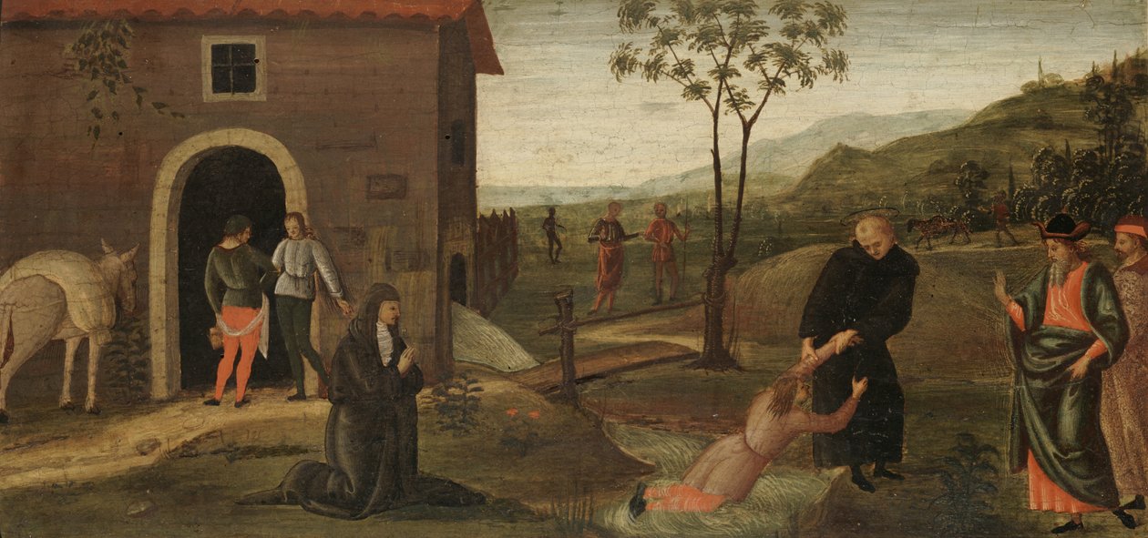 Pyhä Nikolaus Tolentinon pelastamassa poikaa hukkumisesta, n. 1500-30 (tempera puupaneelilla) tekijältä Pietro Perugino