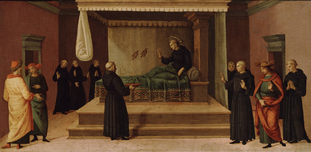 Pyhä Nikolaus Tolentinon elvyttämässä kahta peltopyytä, n. 1500-30 (tempera puupaneelilla) tekijältä Pietro Perugino