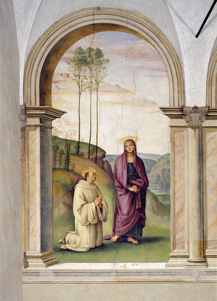 Ristiinnaulitseminen, Pyhän Bernardin ja Maria Magdaleenan yksityiskohta, 1494-1496 freskon yksityiskohta 230578 tekijältä Pietro Perugino