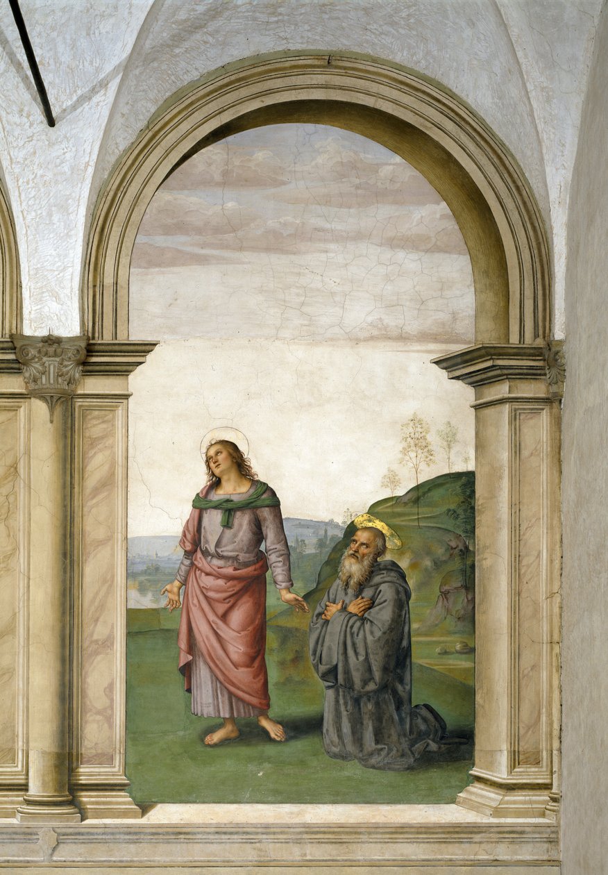 Ristiinnaulitseminen, yksityiskohta Pyhästä Johannes Evankelistasta ja Pyhästä Benedictuksesta, 1494-1496 freskon yksityiskohta 230578 tekijältä Pietro Perugino