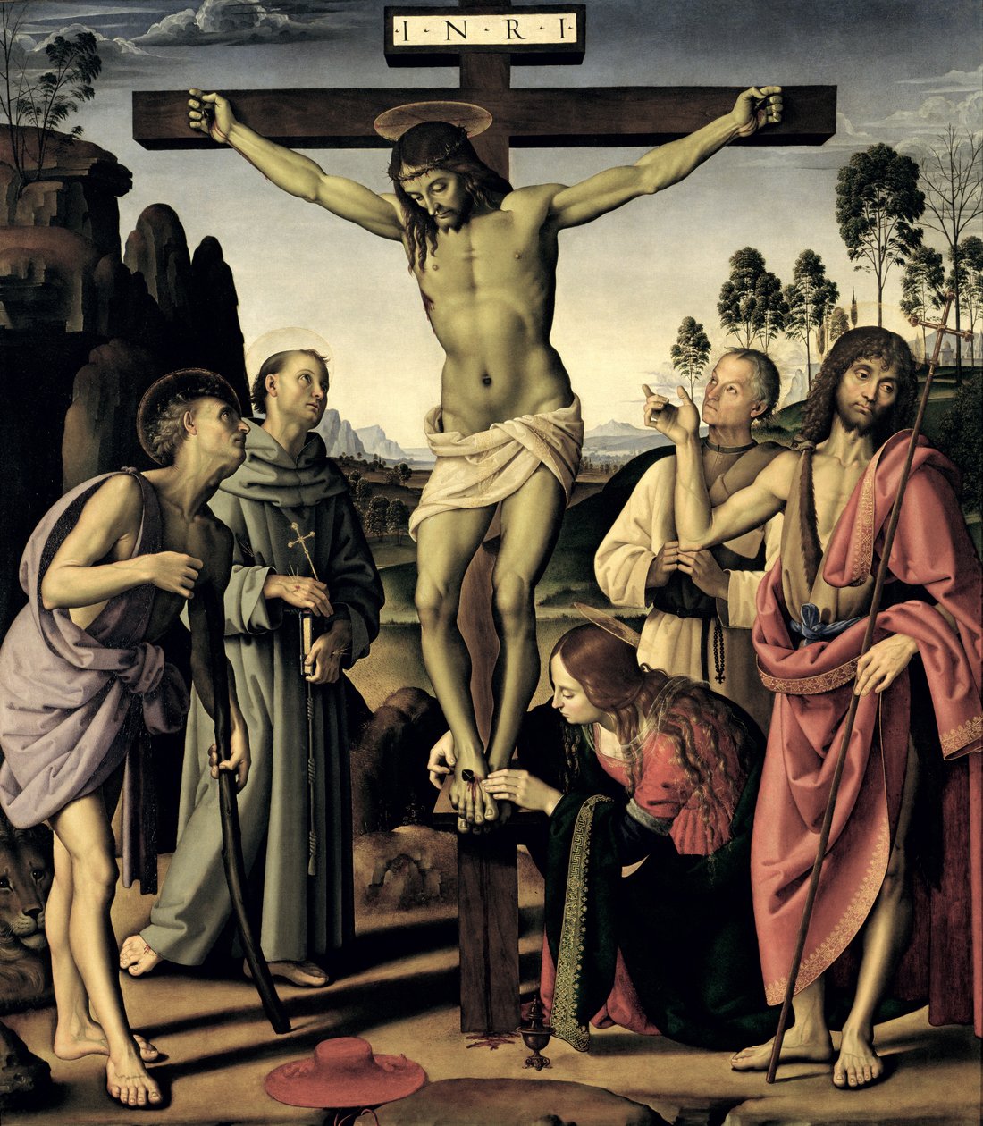 Ristiinnaulitseminen pyhien Hieronymuksen, Franciscuksen, Maria Magdaleenan, Johannes Kastajan ja siunatun Giovanni Colombinin kanssa, n. 1480-1500 tekijältä Pietro Perugino