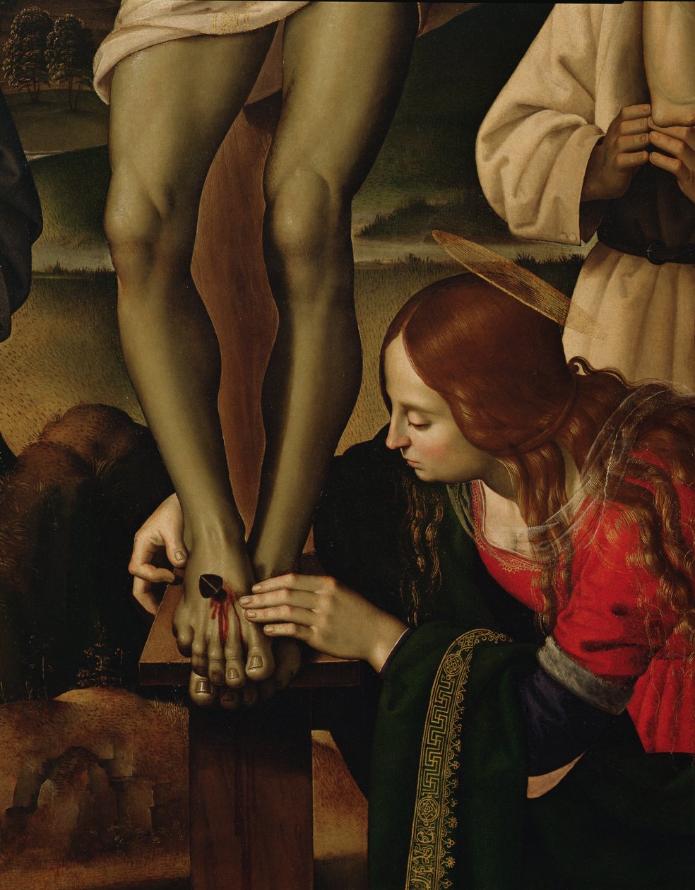 Ristiinnaulitseminen pyhien kanssa, n. 1480-1500 öljylevyn yksityiskohta numerosta 85666 tekijältä Pietro Perugino