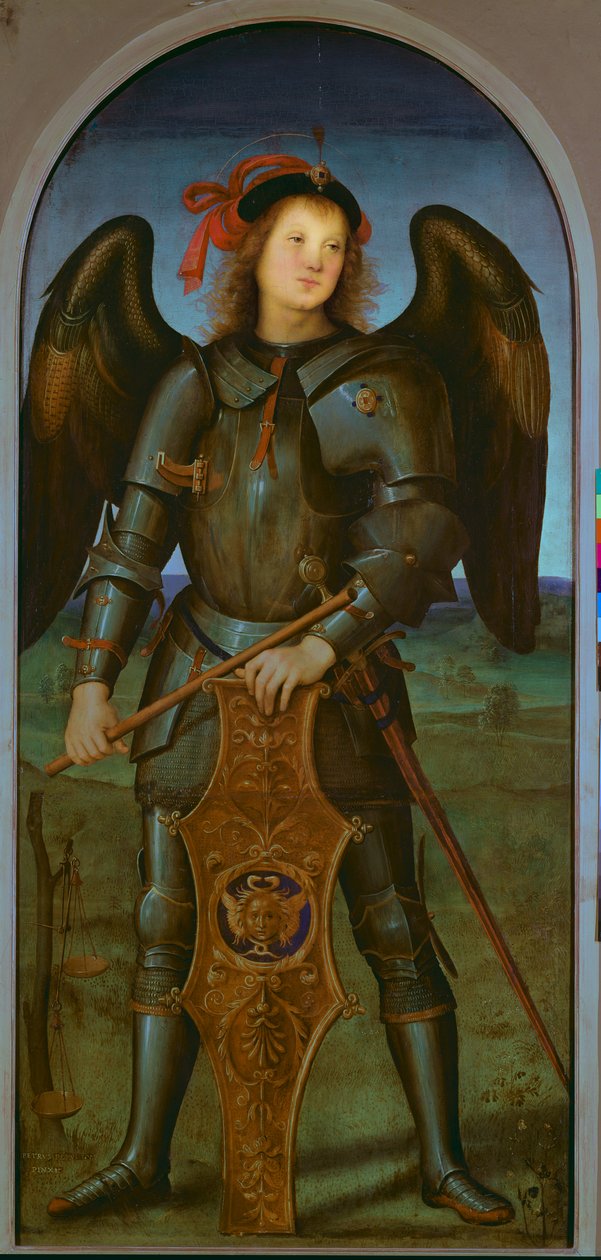 Neitsyt ja lapsi SS:n kanssa. Rafael ja Michael: St. Michaelin vasen paneeli, n. 1499 (paneeli) tekijältä Pietro Perugino
