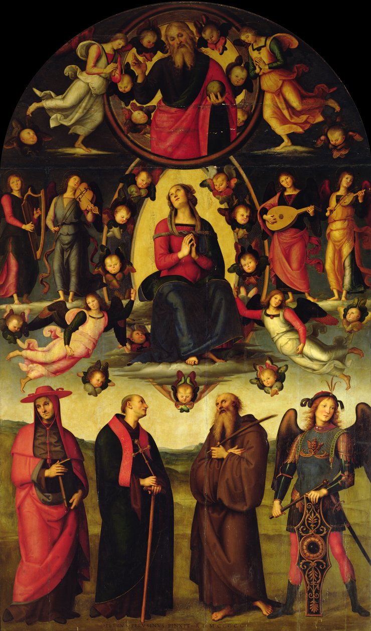 Neitsyt valtaistuimella enkelien ja pyhimysten kanssa (Vallombrosan alttaritaulu). tekijältä Pietro Perugino
