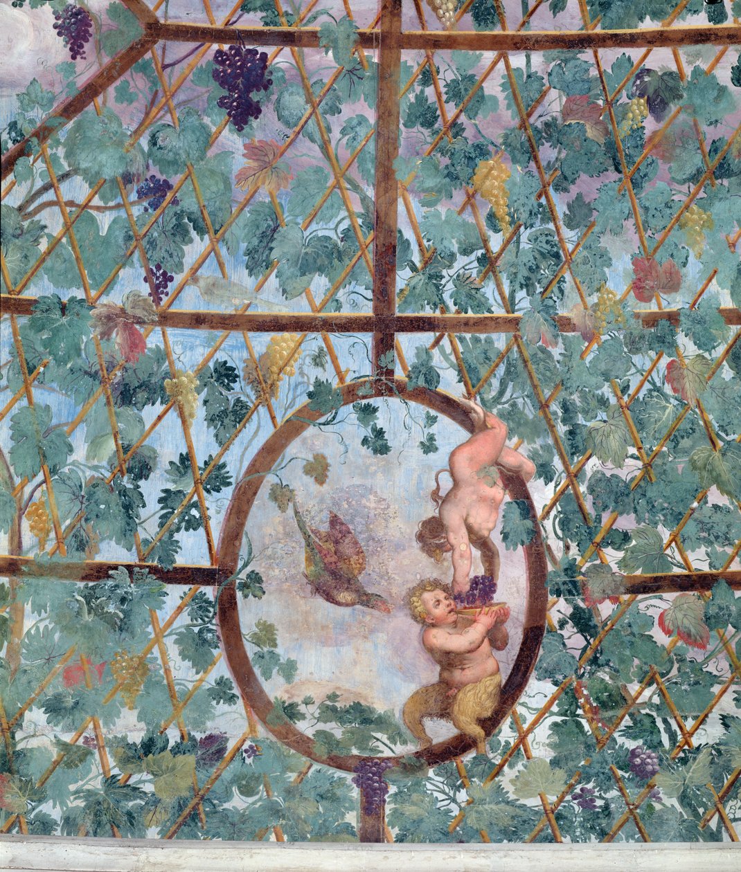 Puoliympyränmuotoinen ioninen pylväsportaikko, kattoholvin yksityiskohta, jossa putto ruokkii nuorta satiiria viinirypäleillä, 1551-55. tekijältä Pietro Venale