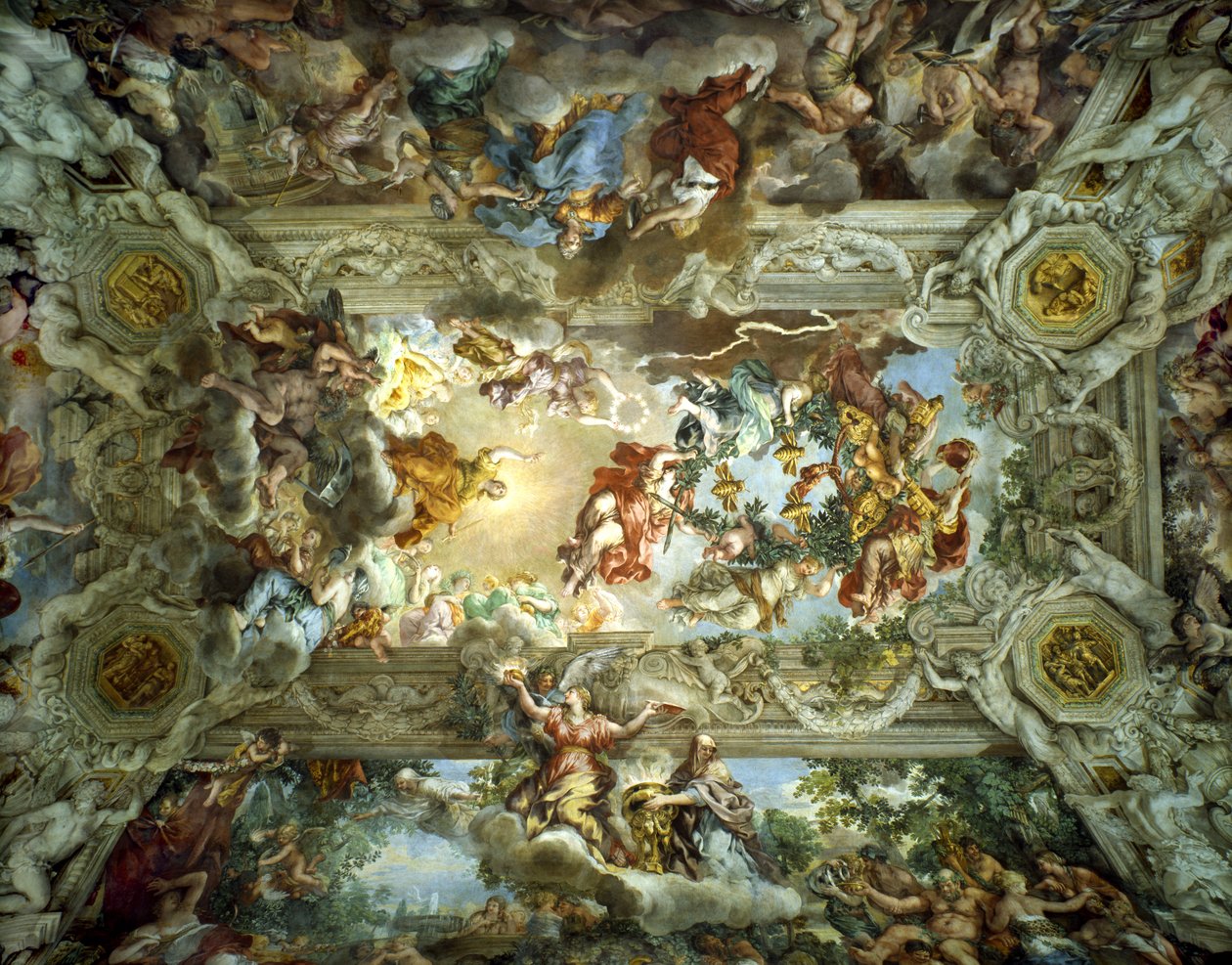 Allegoria jumalallisesta huolellisuudesta ja Barberinin voimasta, Palazzo Barberinin salin katto, Rooma, Italia, 1633-39 tekijältä Pietro da Cortona