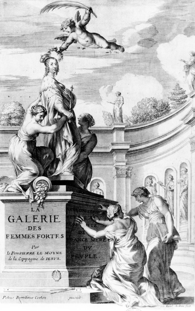 Pierre Le Moynen "La Galerie des Femmes Fortes" ("Vahvien naisten galleria") etukappale, julkaistu Pariisissa, 1647 tekijältä Pietro da Cortona