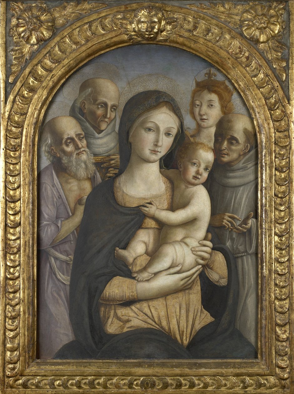 Neitsyt ja lapsi SS:n kanssa. Jerome, Bernardino Sienasta, Katariina Aleksandrialainen ja Franciscus, 1400-luku tekijältä Pietro di Francesco degli Orioli