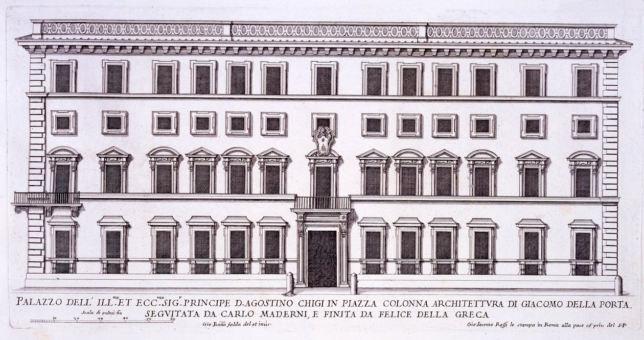 Palazzo Chigi, Piazza Colonna, Rooma, palazzi di Romasta, julkaistu 1670-luvulla tekijältä Pietro Ferrerio