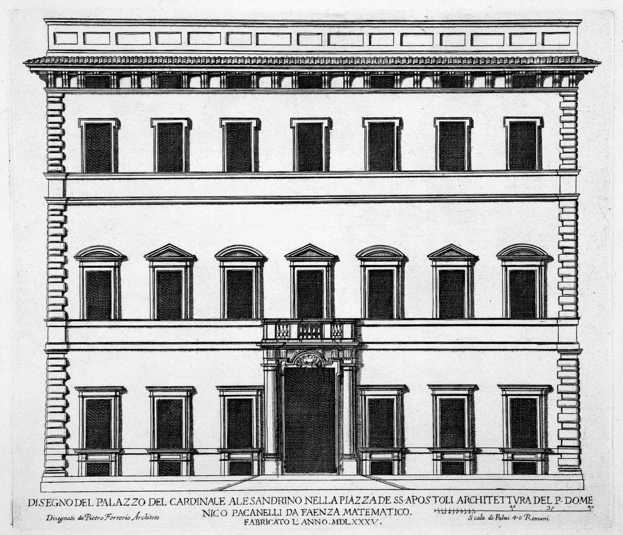 Palazzo of Cardinal Alesandrino, Piazza SS Apostoli, Rooma, palazzi di Romasta, osa I, julkaistu 1655 tekijältä Pietro Ferrerio