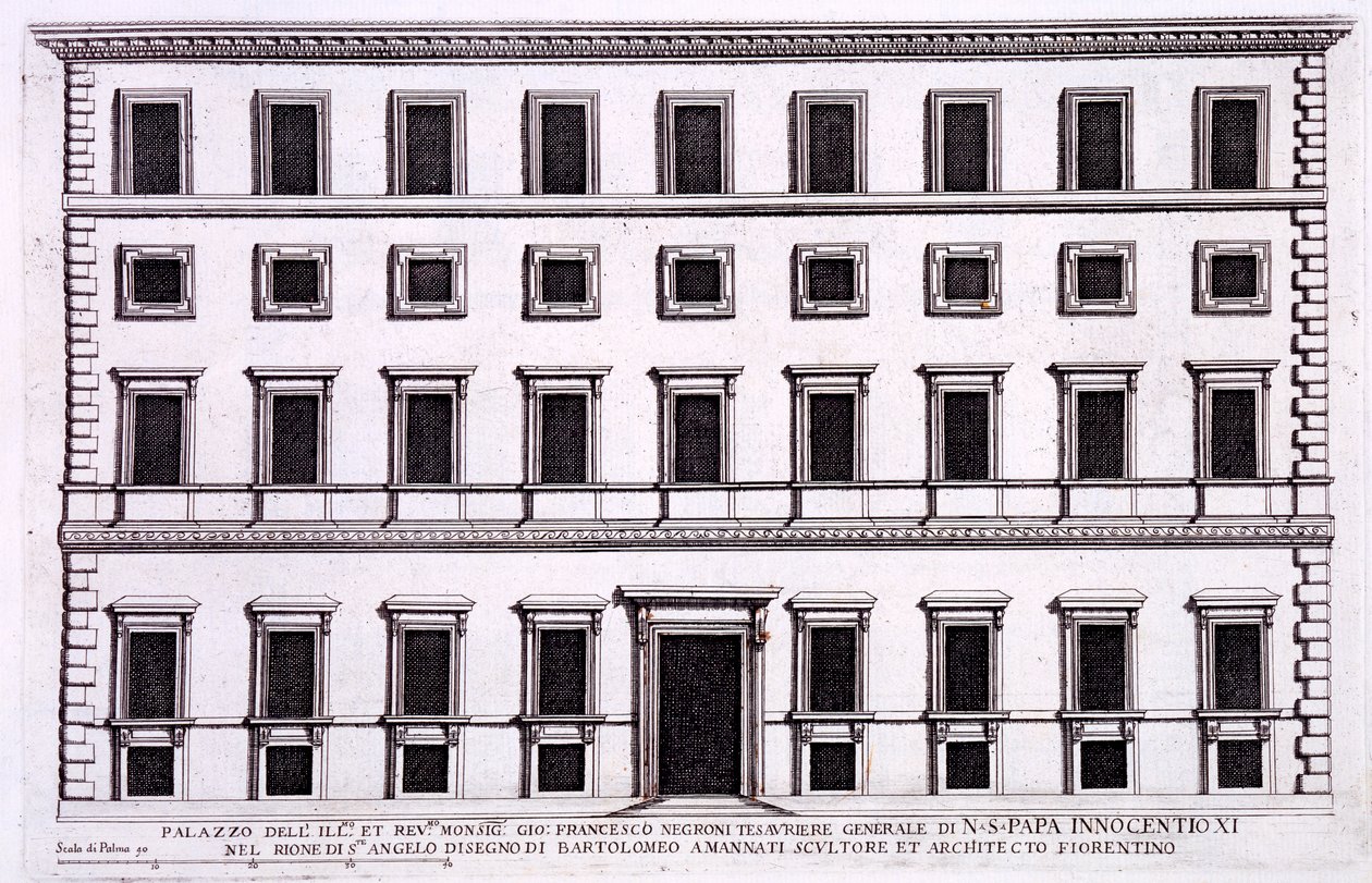 Palazzo of Giovanni Francesco Negroni, paavi Innocentius XI:n (1611-89) rahastonhoitaja, Rooma, palazzi di Roma, osa I, julkaistu 1655 tekijältä Pietro Ferrerio