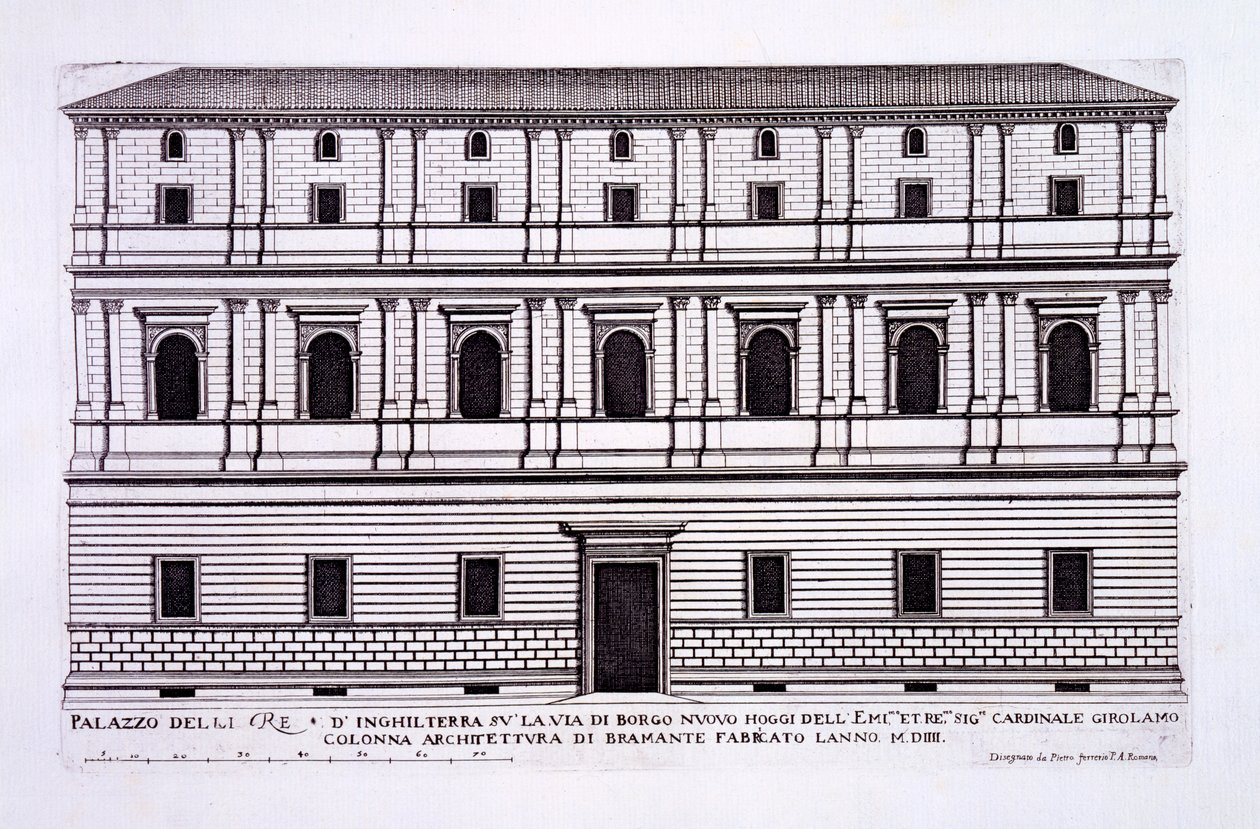 Englannin kuninkaiden palatsi Borgo Nuovossa, Roomassa, palazzi di Romasta, osa I, julkaistu 1655 tekijältä Pietro Ferrerio