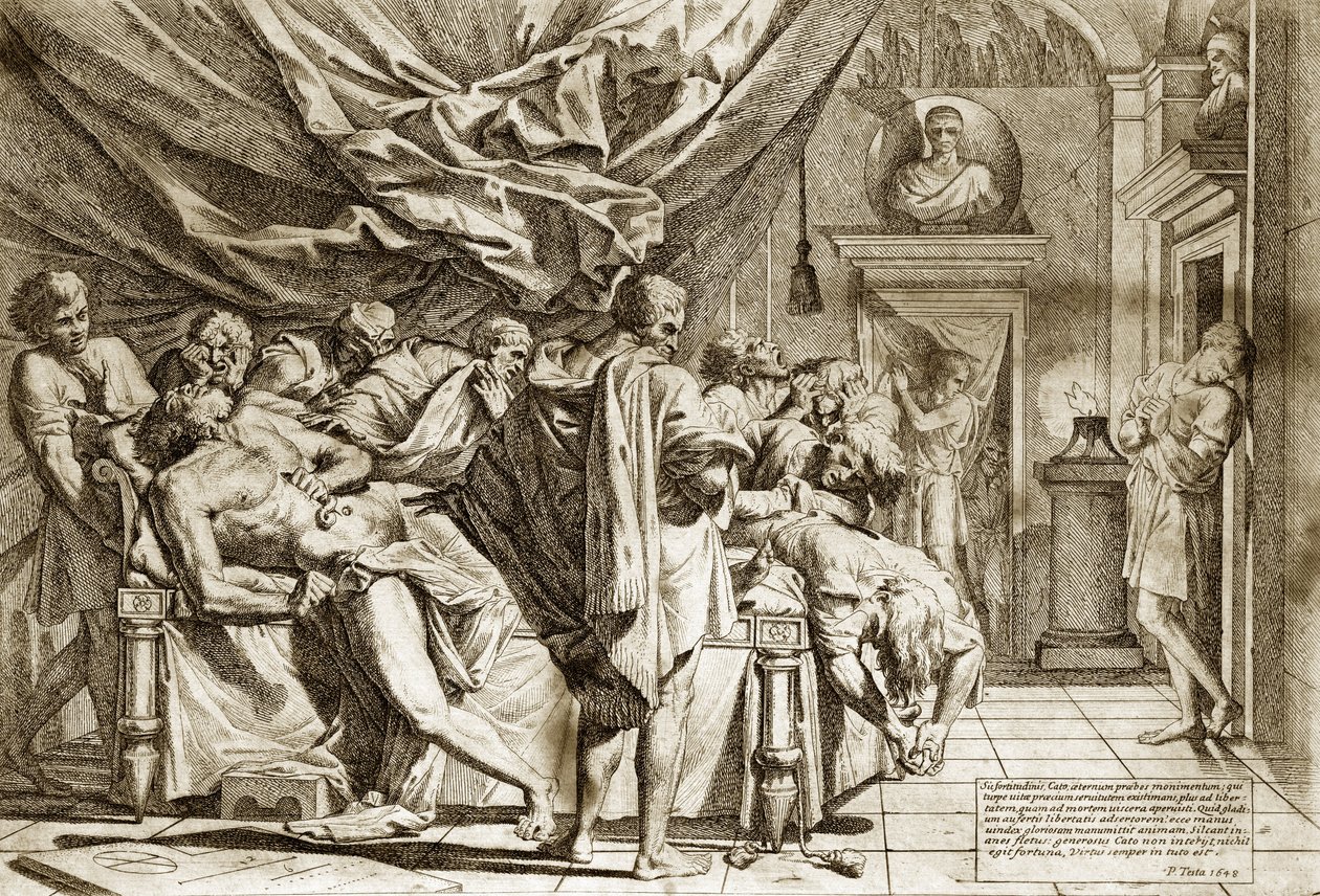 Pietro Testan Cato vanhemman kuolema (Marcus Porcius Cato) tai Caton Sensori (234-149 eKr.) 1648 - Caton kuolema - 1648, Pietro Testa (1612-1650 eKr.), etsaus - tekijältä Pietro Testa