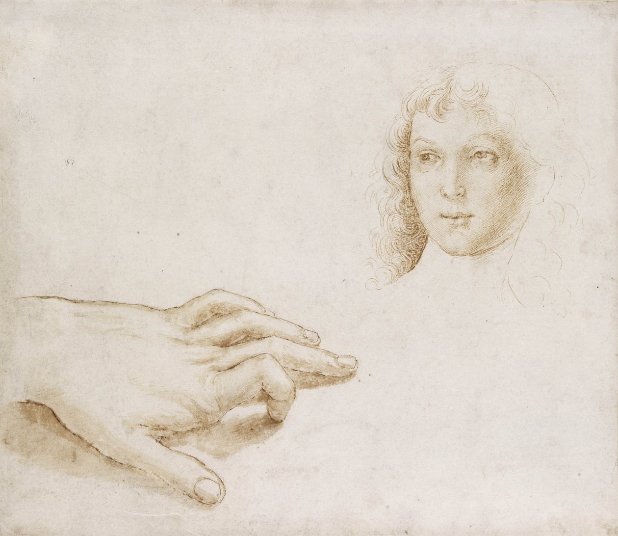 Pään ja käden tutkimukset (kynä ja sivellin vaaleanruskealla musteella metallikärjellä valkoisella paperilla) tekijältä Pietro (circle of) Perugino