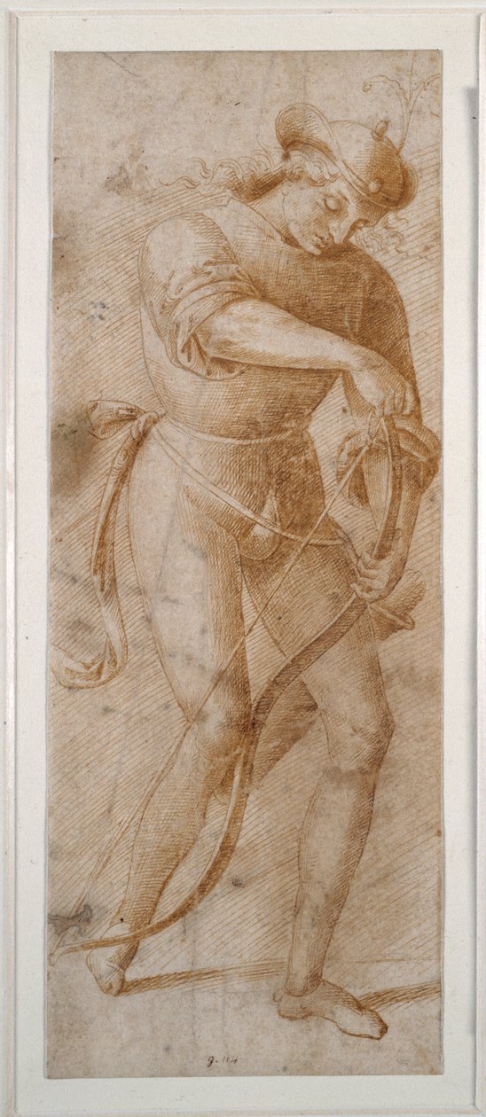 Nuori mies nyörittää jousiaan (kynä ja ruskea muste valkoisella paperilla) tekijältä Pietro (follower of) Perugino