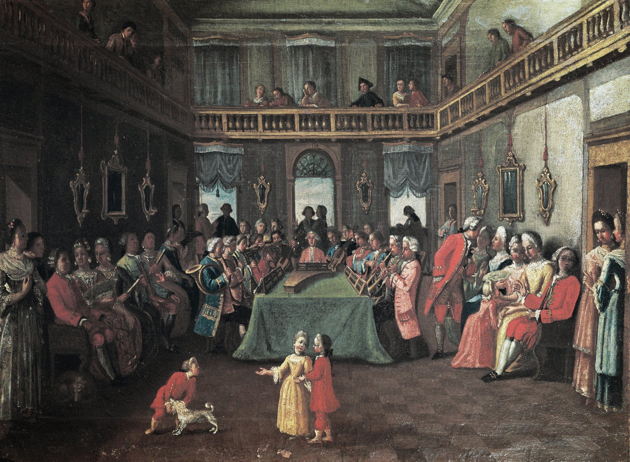 Konsertti omakotitalossa - Yksityinen konsertti talossa. Pietro Longhin koulun maalaus tekijältä Pietro (school of) Longhi