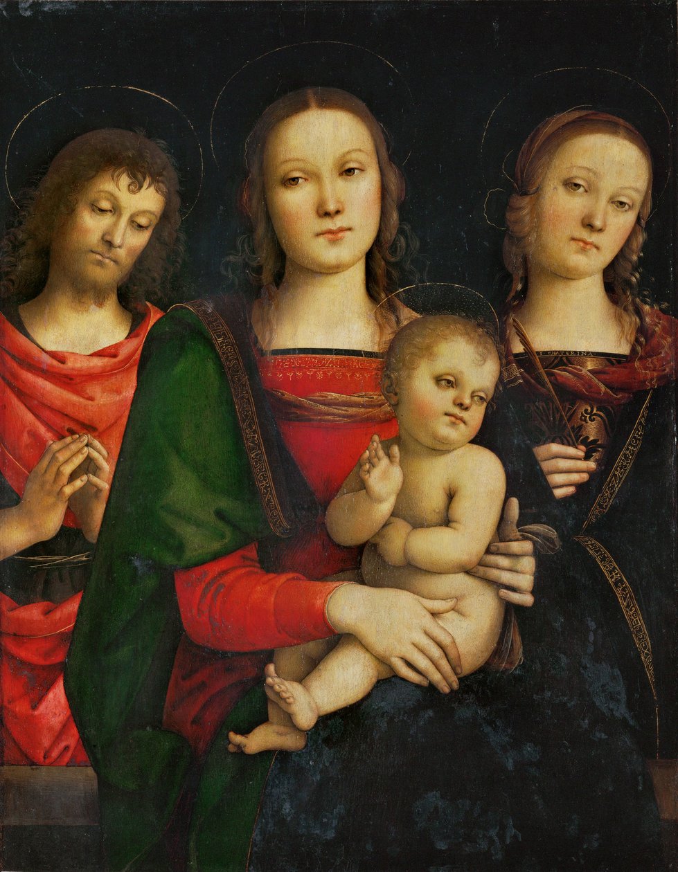 Madonna ja lapsi Pyhän Johannes Kastajan ja Pyhän Katariinan ympäröimänä ... tekijältä Pietro (studio of) Perugino