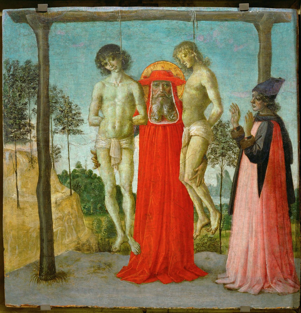 Pyhä Hieronymus tukee kahta hirtettyä nuorta miestä ... tekijältä Pietro (studio of) Perugino