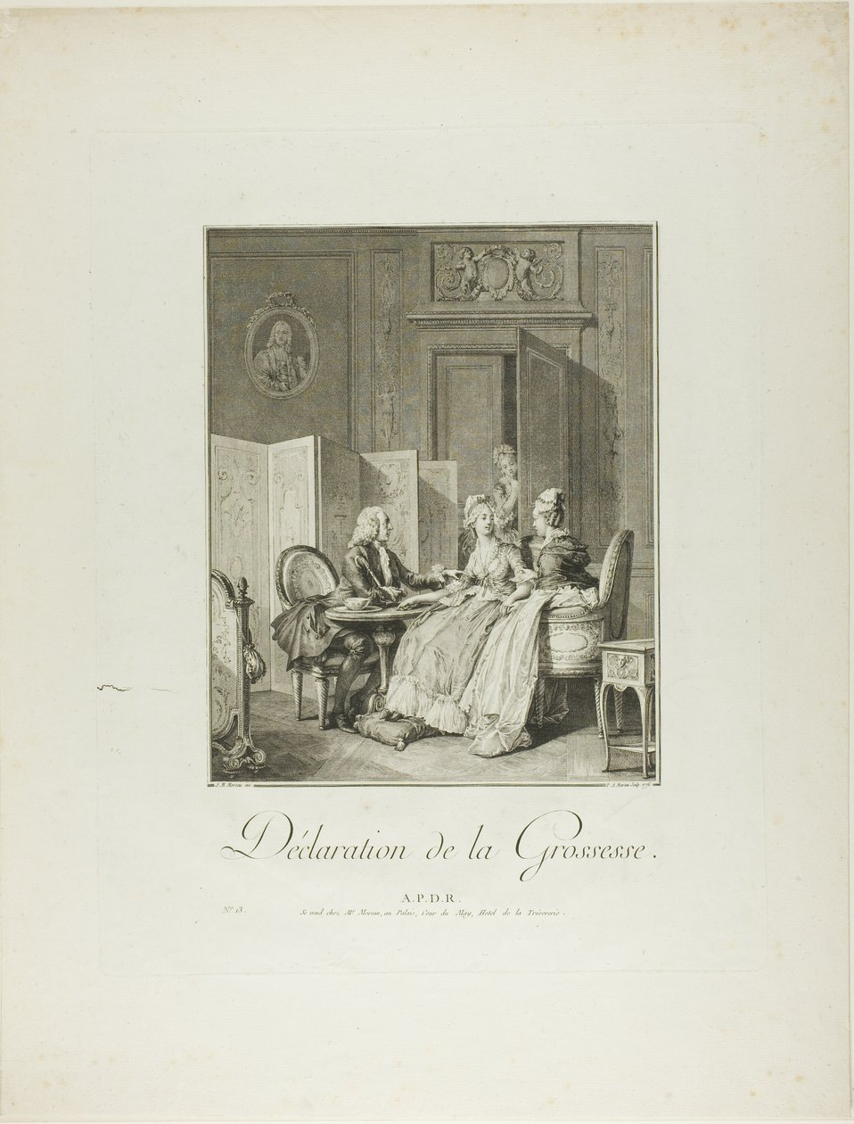 Ilmoitus raskaudesta, lähteestä Monument du Costume Physique et Moral de la fin du Dix-huitième siècle (Monument du Costume Physique et Moral de la fin du Dix-huitième siècle). tekijältä Pietro Antonio Martini