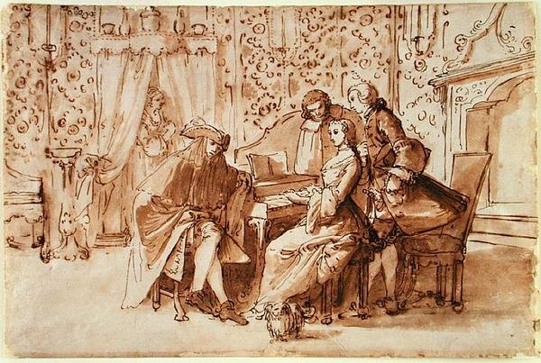 Musiikkijuhlat (kynä ja ruskea pesu mustalla liidulla paperilla) tekijältä Pietro Antonio Novelli