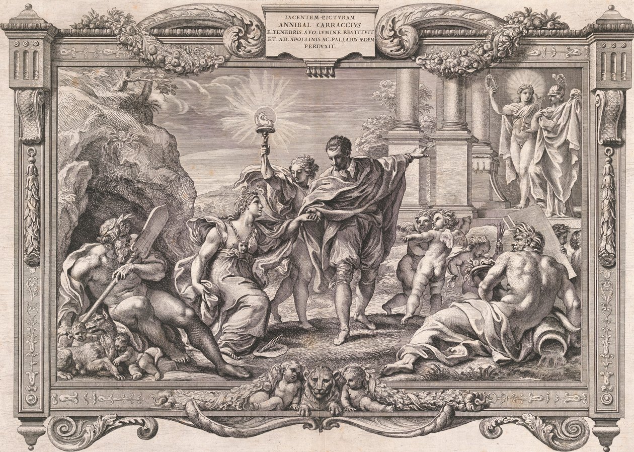 Annibale Carracci esittelee maalauksen Apollolle ja Minervalle, 1674. tekijältä Pietro Aquila