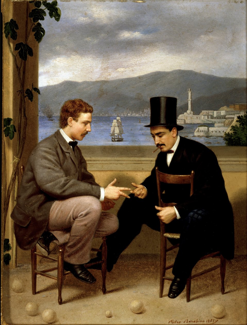 Kaksi pelaajaa kuolee Italialaista alkuperää oleva peli ”” morra”, mies, jolla on silinteri ja sikari, istuu kaliphourchonissa tuolilla. Pietro Barabinon (1822-1869) maalaus 1865 su. 25,5x19,5 cm Genes, Galleria d