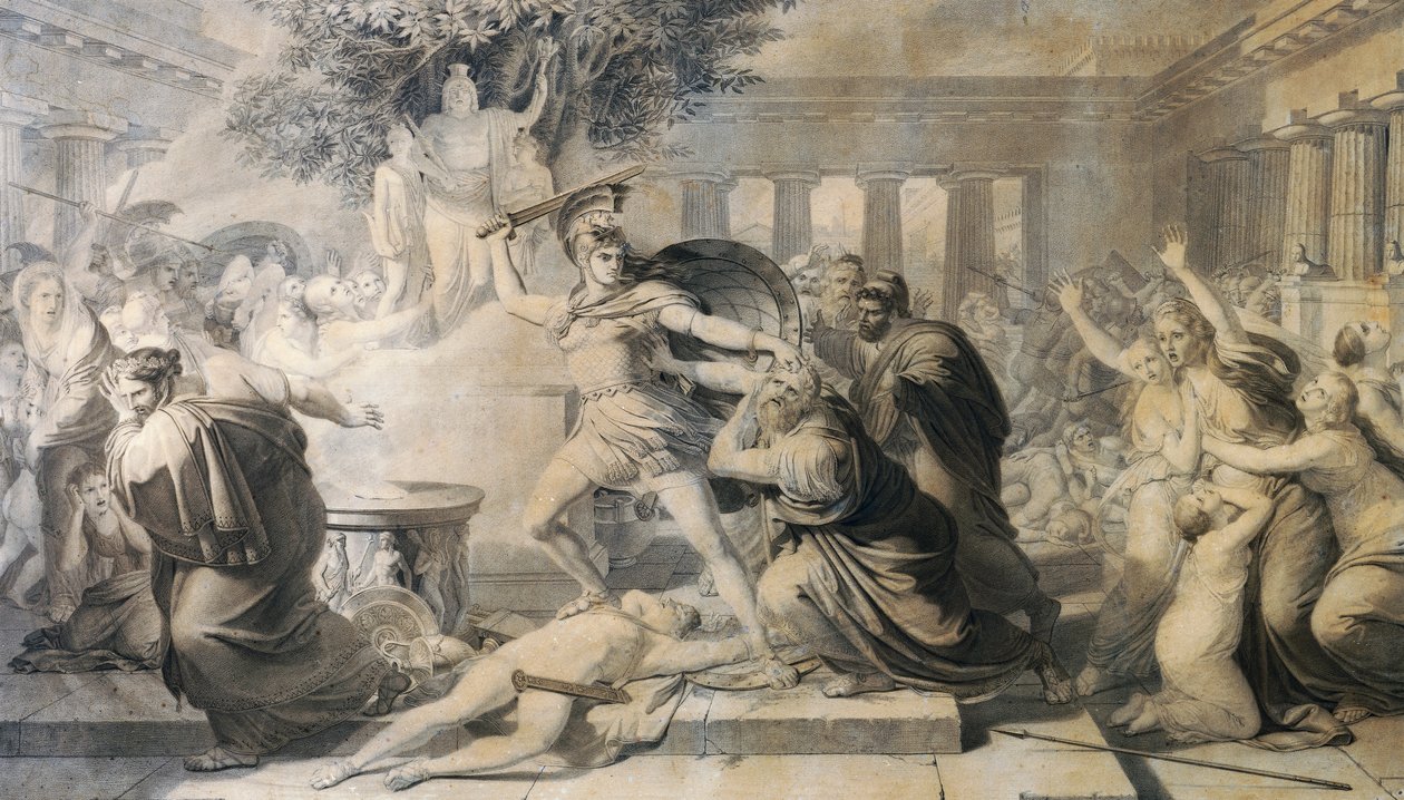 Pietro Benvenutin (1769-1844) Priamuksen kuolema, vedos vuoden 1811 maalauksesta tekijältä Pietro Benvenuti