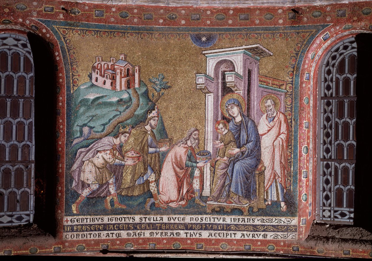 Pietro Cavallinin apsiden mosaiikkitieteiden palvonta (toimii noin 1273-1330) 1200-luvun loppu (Magien palvonta, Pietro Cavallinin mosaiikki mosaiikkista, 1200-luvun loppu) Rooma, Church Santa Maria in Trastevere Italia tekijältä Pietro Cavallini