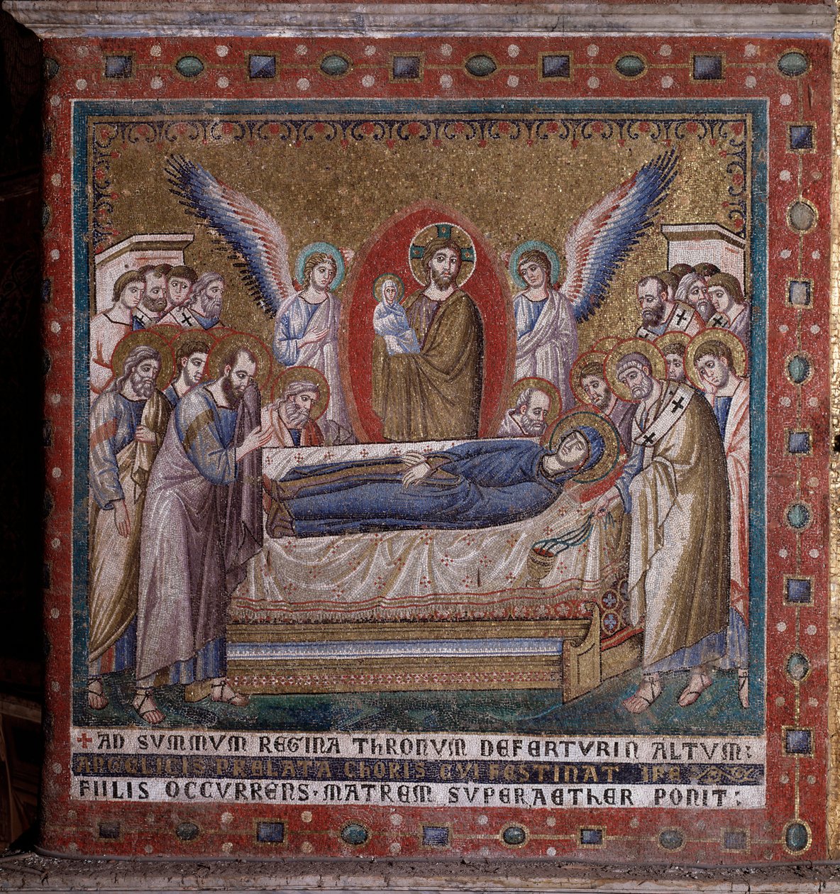 Pietro Cavallinin apsiden mosaiikki-nukkuminen (toiminut noin 1273-1330) 1200-luvun lopulla (Neitsyen kulku, Pietro Cavallinin mosaiikki apsisista, 1200-luvun loppu) Rooma, Church Santa Maria in Trastevere Italia tekijältä Pietro Cavallini