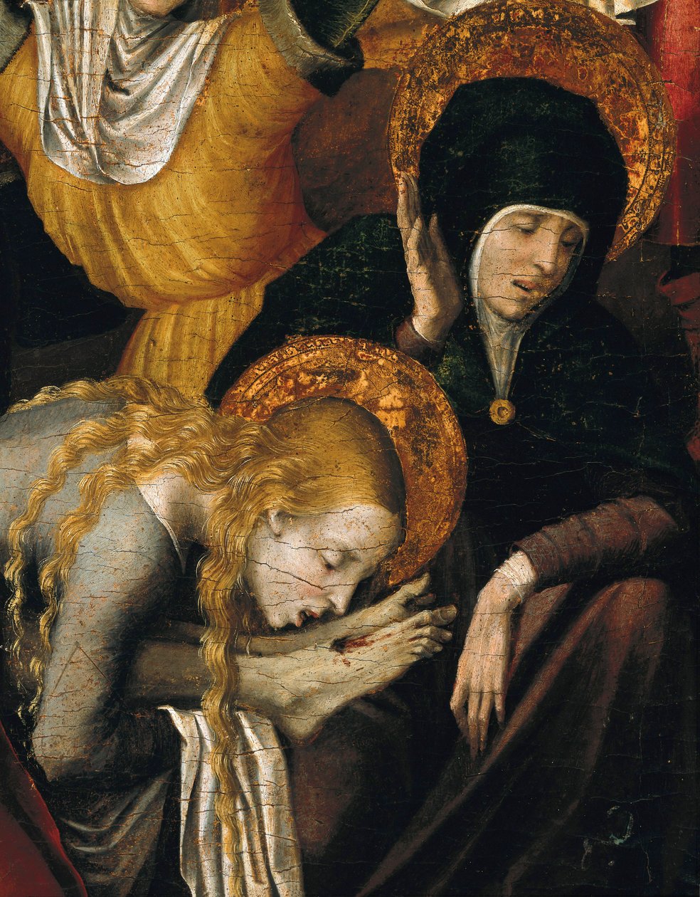 Laskeutuminen ristiltä (Deposizione), yksityiskohta Maria Magdaleenasta syleilemässä Kristuksen jalkoja, 1500-luvun alku (tempera paneelissa) tekijältä Pietro Cavaro