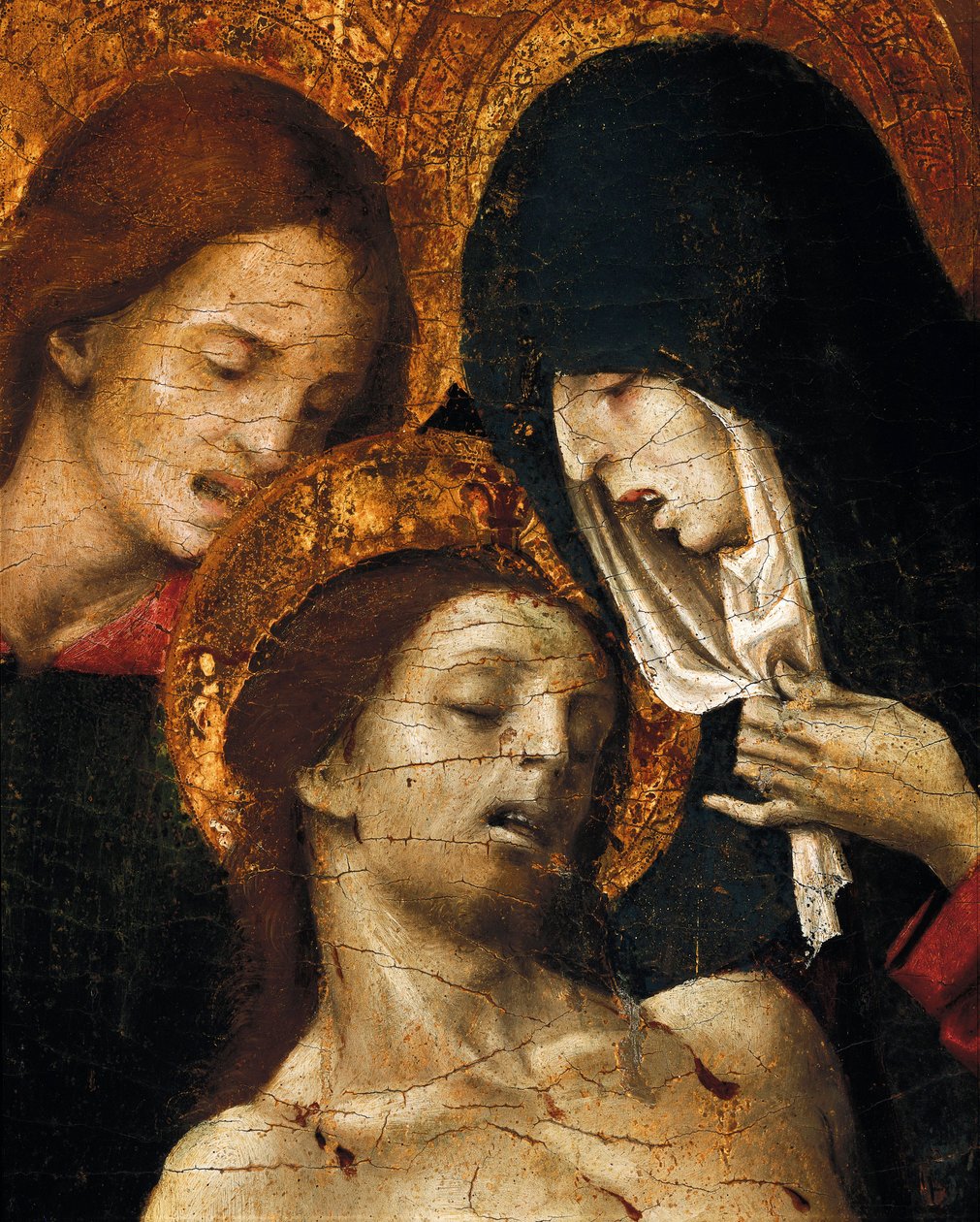 Laskeutuminen ristiltä (Deposizione), yksityiskohta Pyhästä Johanneksesta, Neitsyt Mariasta ja Kristuksesta, 1500-luvun alku (tempera paneelissa) tekijältä Pietro Cavaro
