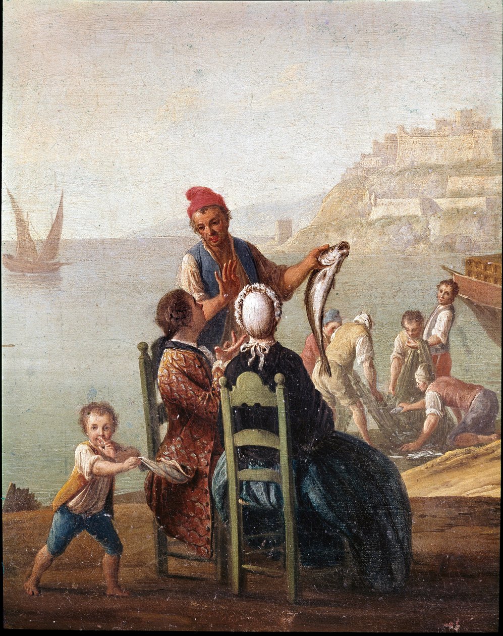 Kalamyyjä ja pariskunta (Kalanmyyjä ja pariskunta) Yksityiskohta Pietro Fabrisin maalaus 1700-luvun Museo Nazionale di San Martino Napoli tekijältä Pietro Fabris
